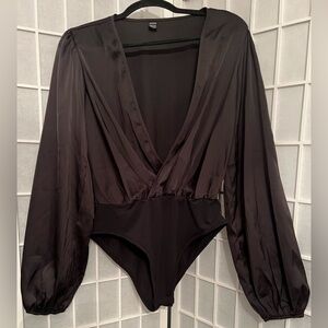 SHEIN Black Satin V-Neck Deep V Long-Sleeve Bodysuit
